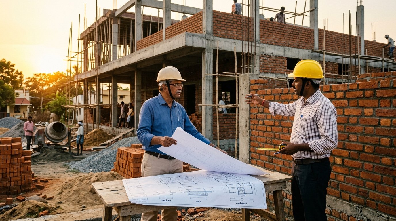 Azhagar Construction civil engineering team reviewing building plans on site in Theni, Tamil Nadu