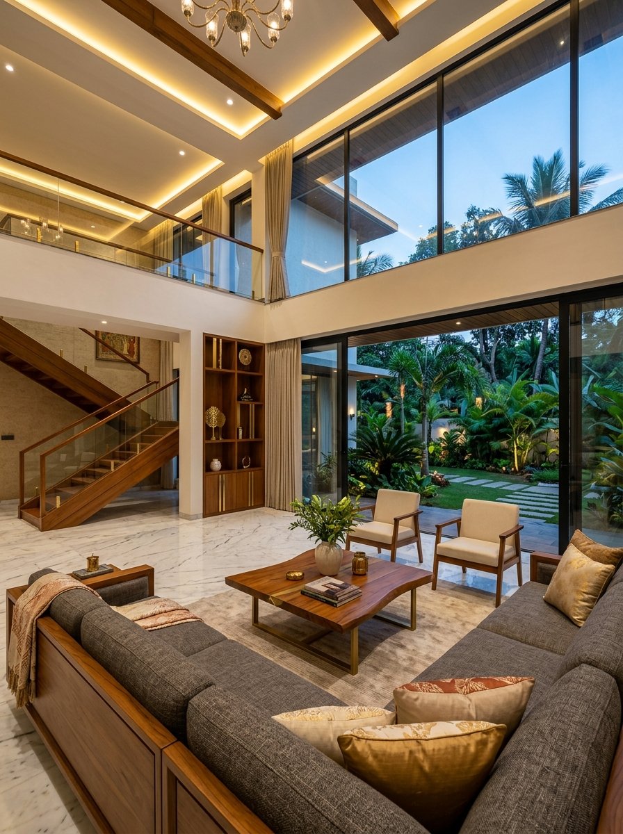Double-height living room interior design and space planning