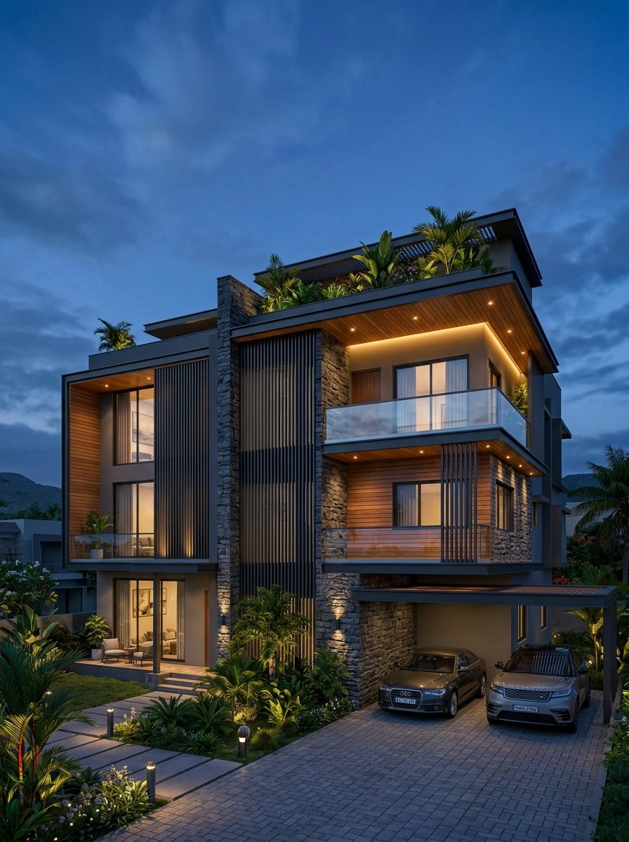 Photorealistic 3D duplex exterior elevation in Tamil Nadu