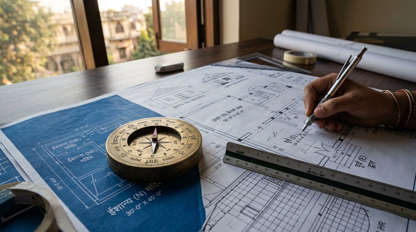Vastu Shastra brass compass on architectural blueprint
